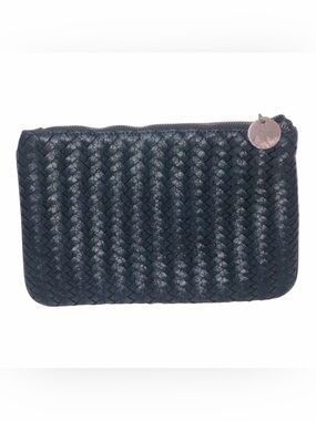 3 for $20 NEIMAN MARCUS Braided Woven Clutch Vegan Leather Make-Up Bag Navy Blue